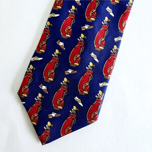 Vintage Silk Tie Golf Club Print Red Blue Eclectic Novelty Maximalist Retro USA